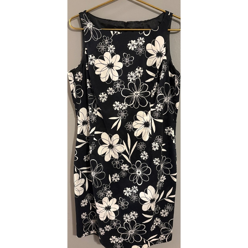 Jones New York Dress Womens 16 Black White Floral Cotton Sheath Sleeveless Dress